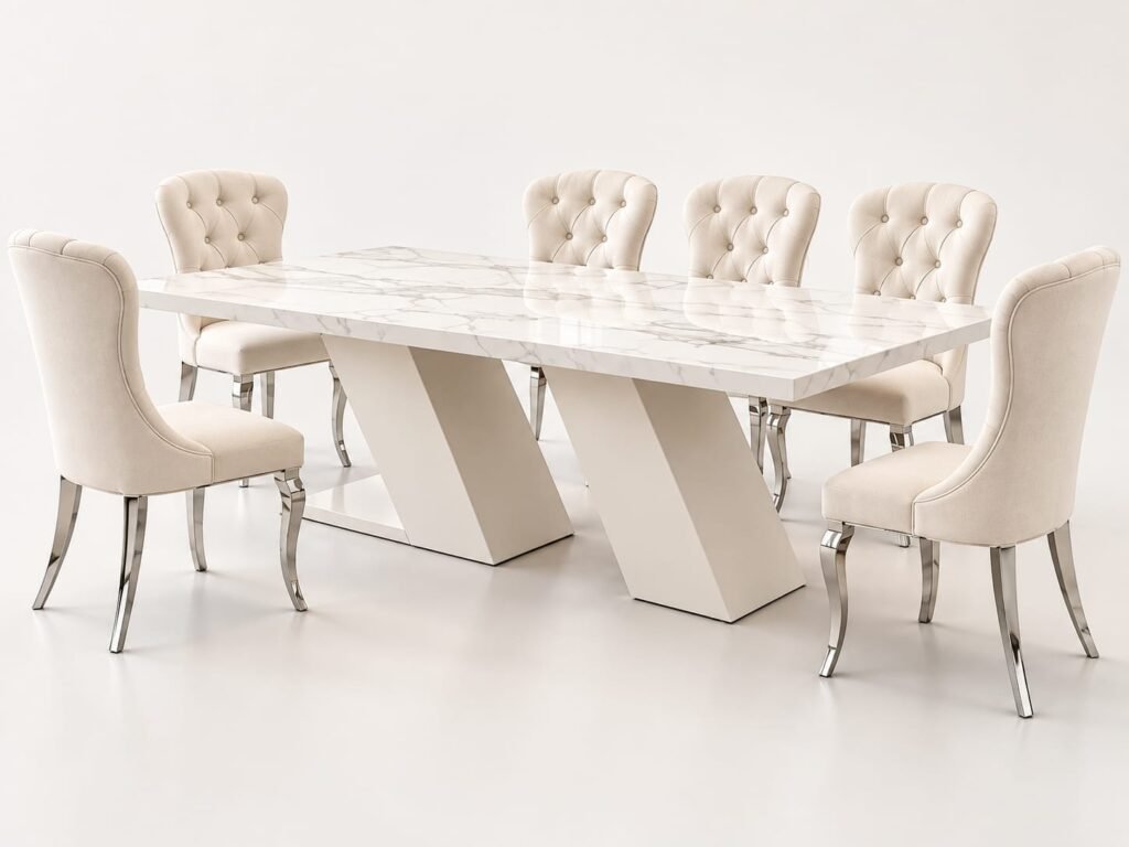 Prestige Marble Dining Table Set With 6 Seater Tufted Chairs
