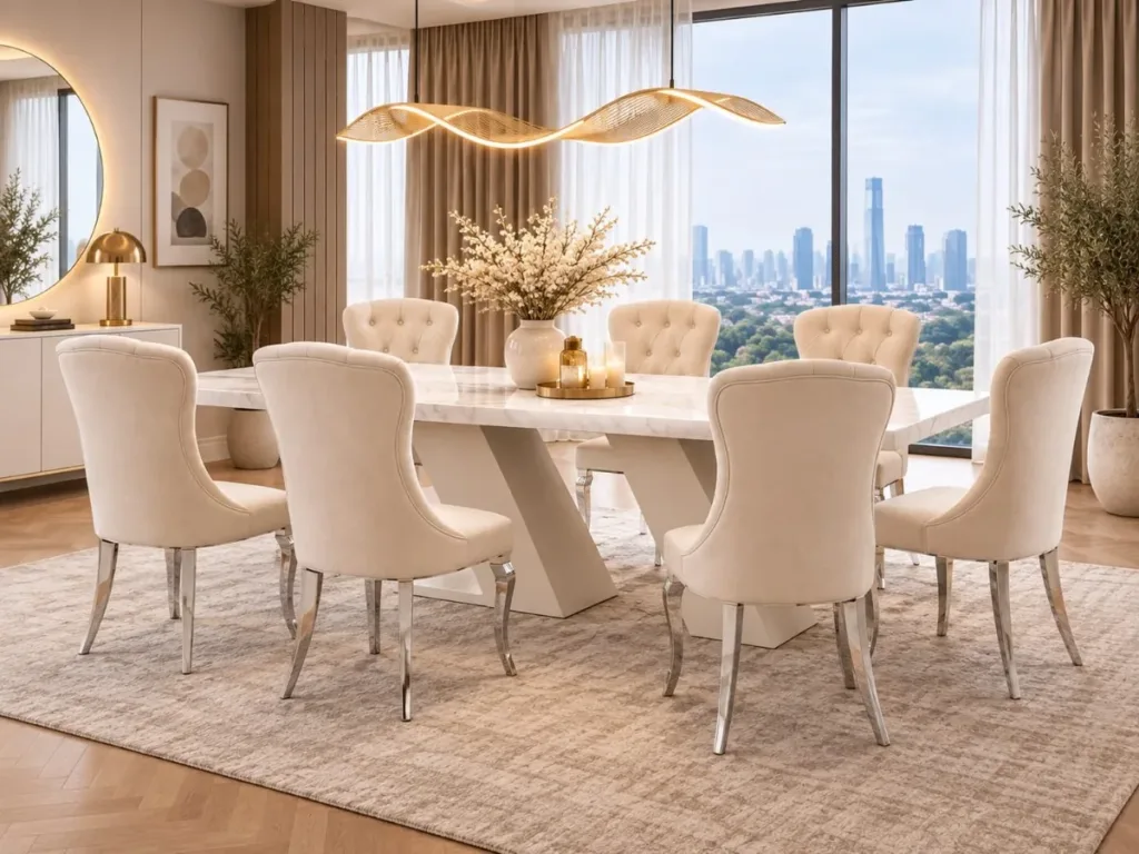 Prestige Marble Dining Table Set With 6 Seater Tufted Chairs
