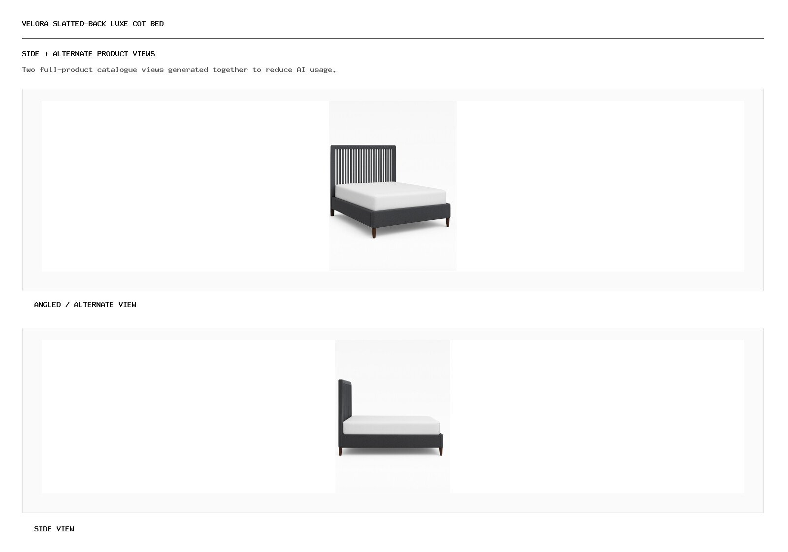 Velora Slatted-Back Luxe Cot Bed angled alternate and side product views
