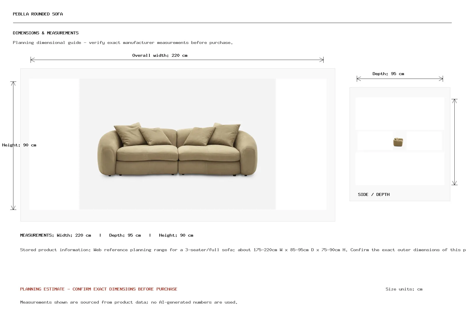 Peblla Rounded Sofa Dimension
