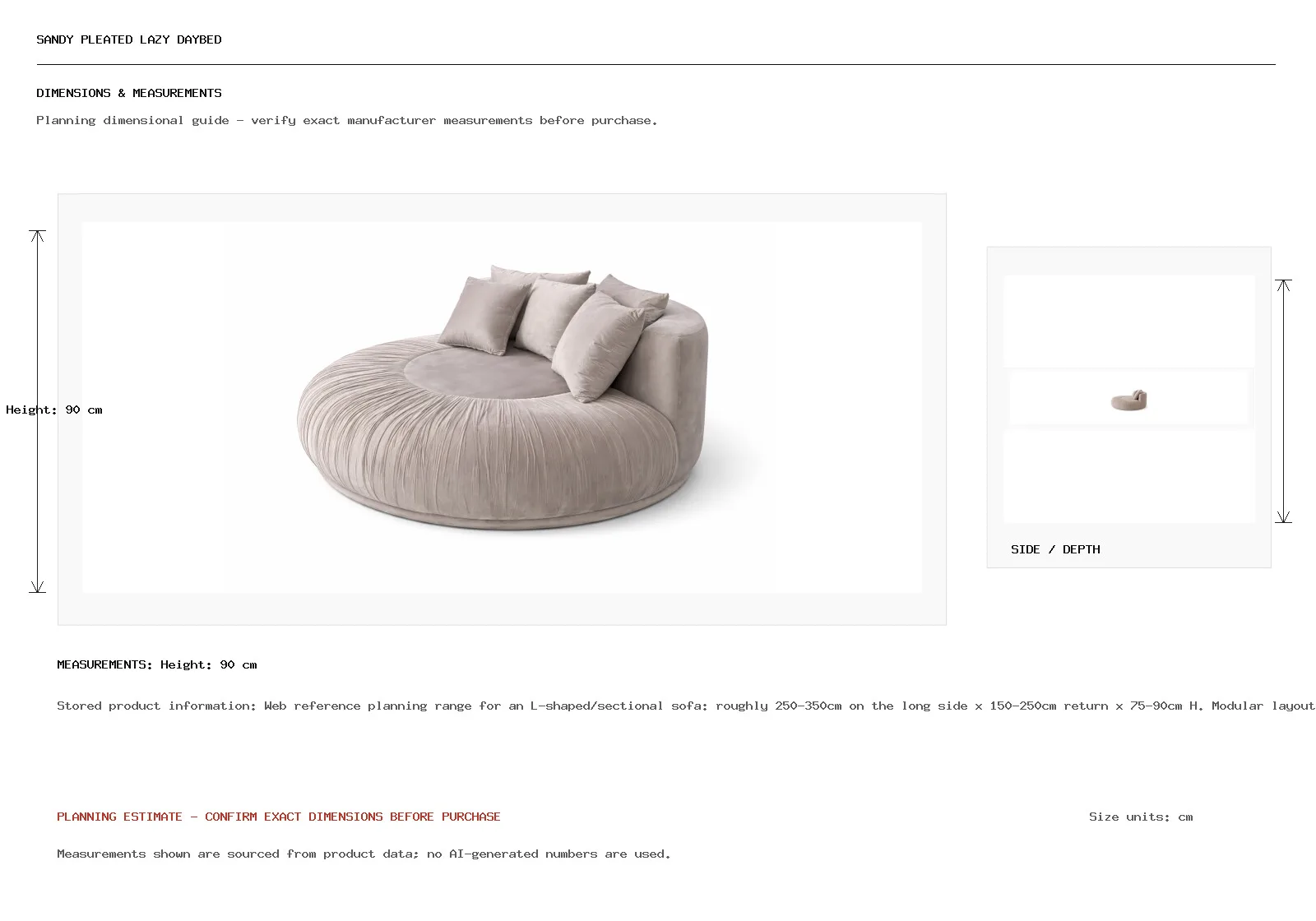 SANDY PLEATED LAZY DAYBED Dimension