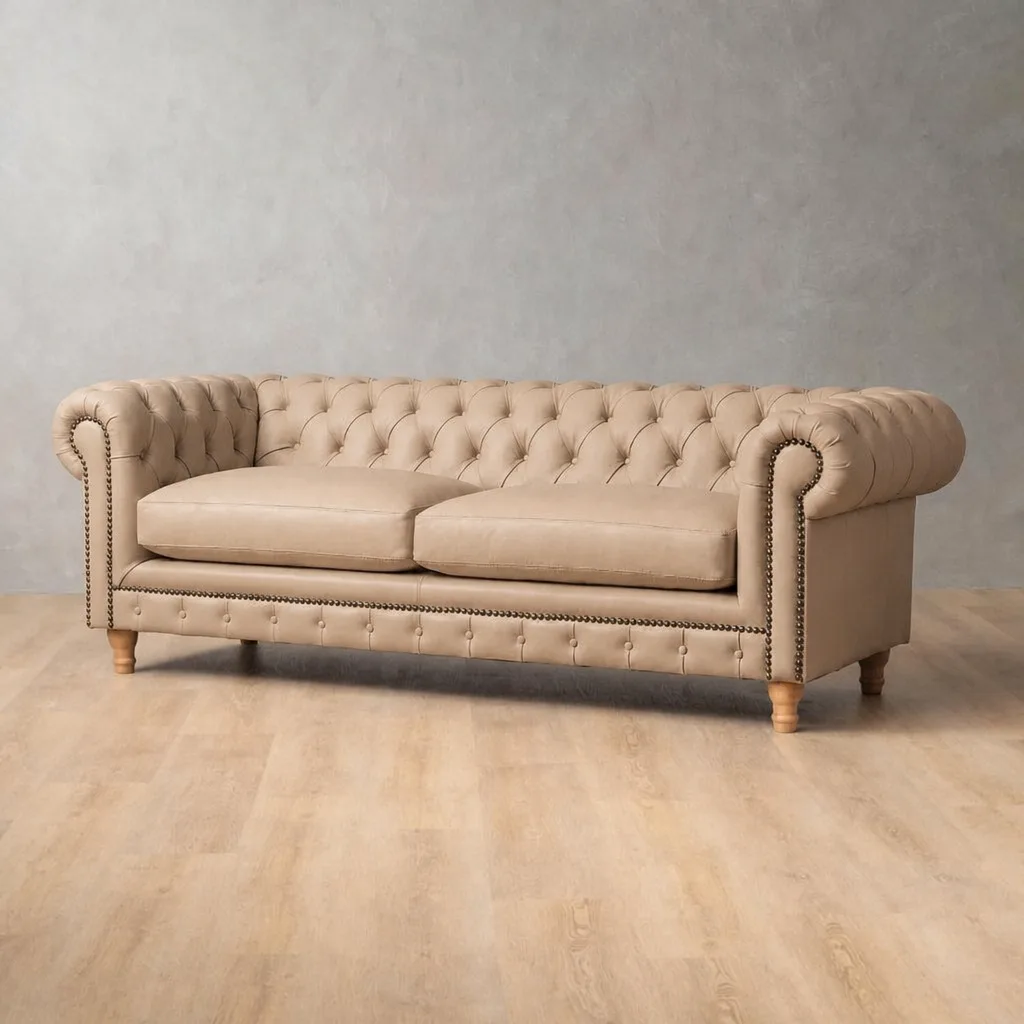Chesterfield 4 Seater Leather Couch – Cream