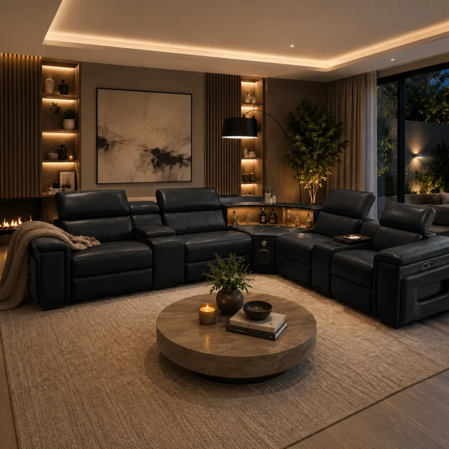 Elite Comfort Cream Leather Reclining Sectional With Console & Coffee Table