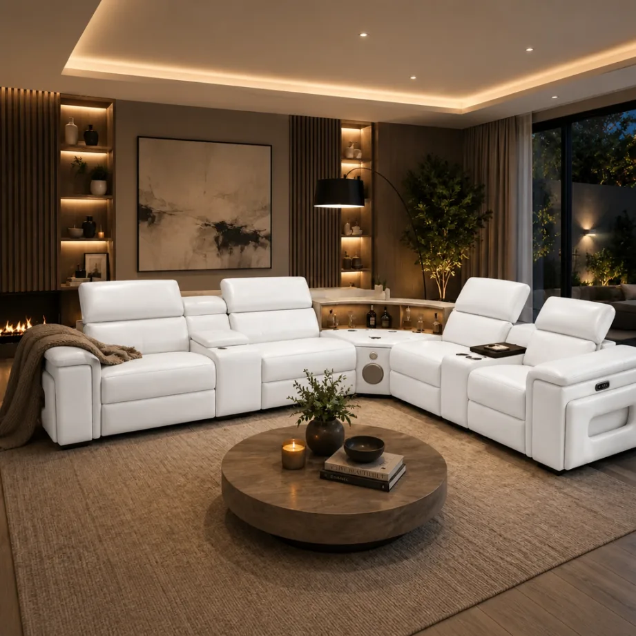 Elite Comfort Cream Leather Reclining Sectional With Console & Coffee Table