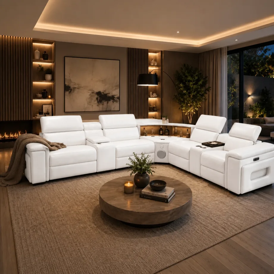 Elite Comfort Cream Leather Reclining Sectional With Console & Coffee Table