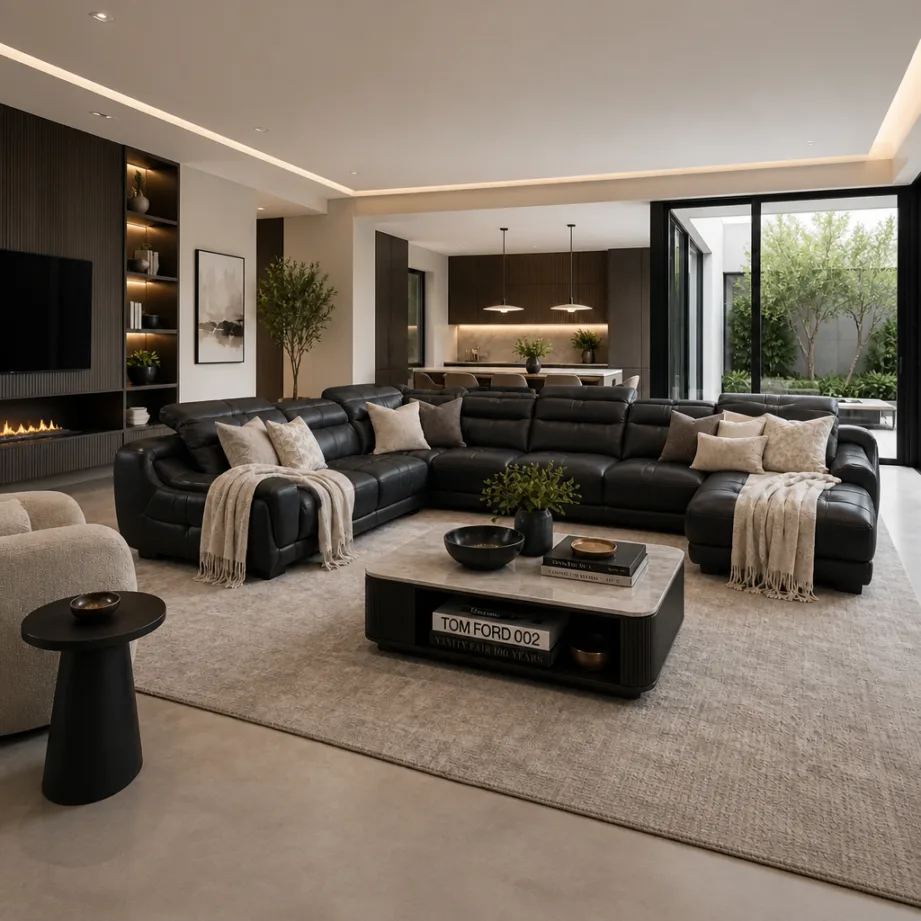 Signature Cream Sectional Sofa With Marble Coffee Table