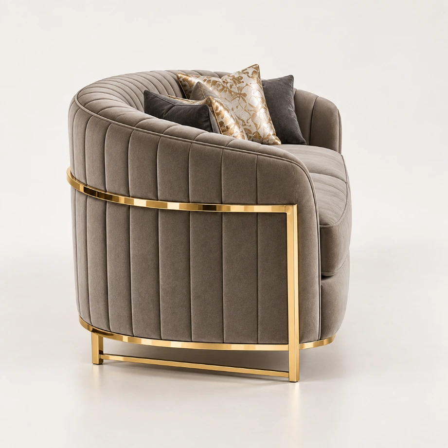 Valencia Curve 3 Seater Sofa – Taupe & Gold - Image 3