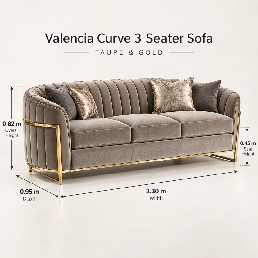 Valencia Curve 3 Seater Sofa – Taupe & Gold - Image 2