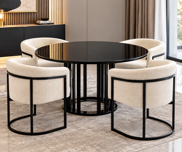 Lucky Furn 4-Seater Dining Set – Black Glass Table & Cream Bouclé Chairs - Image 6