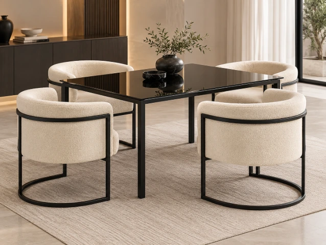 Lucky Furn 4-Seater Dining Set – Black Glass Table & Cream Bouclé Chairs