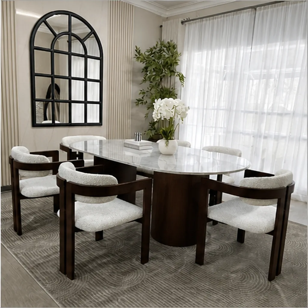 Elegant Oval Marble Dining Table With 6 Chairs