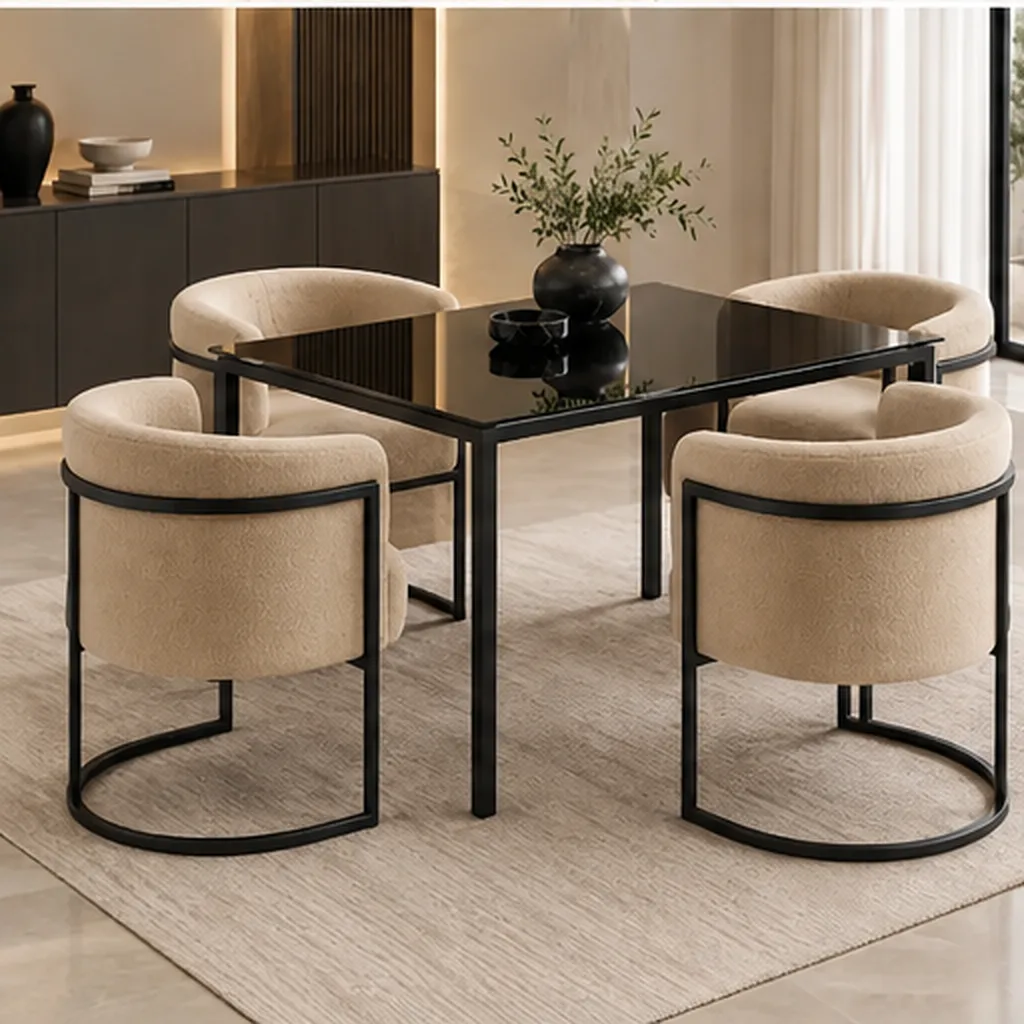 Lucky Furn 4 Seater Dining Set – Black Glass Table & Cream Bouclé Chairs