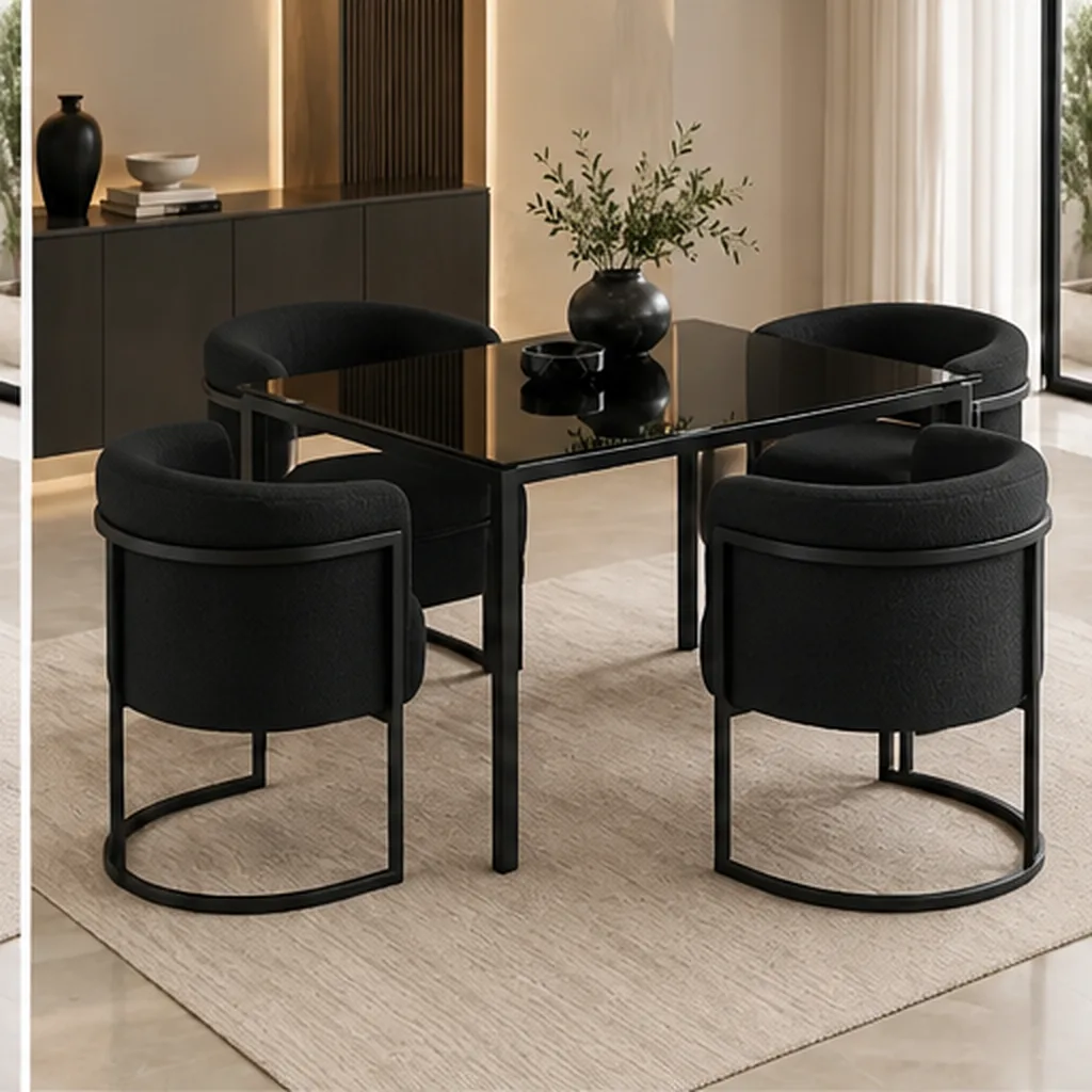 Lucky Furn 4 Seater Dining Set – Black Glass Table & Cream Bouclé Chairs