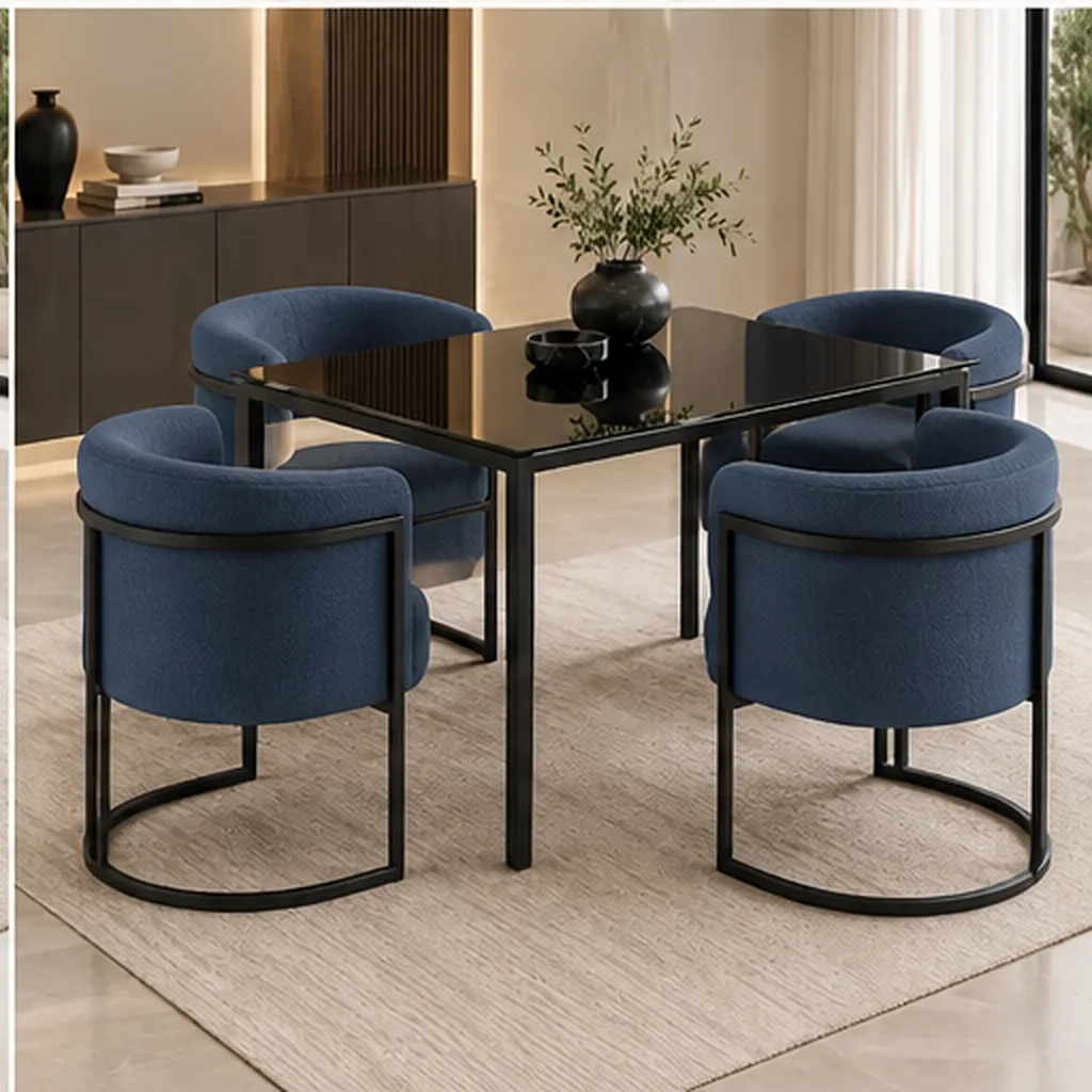 Lucky Furn 4 Seater Dining Set – Black Glass Table & Cream Bouclé Chairs