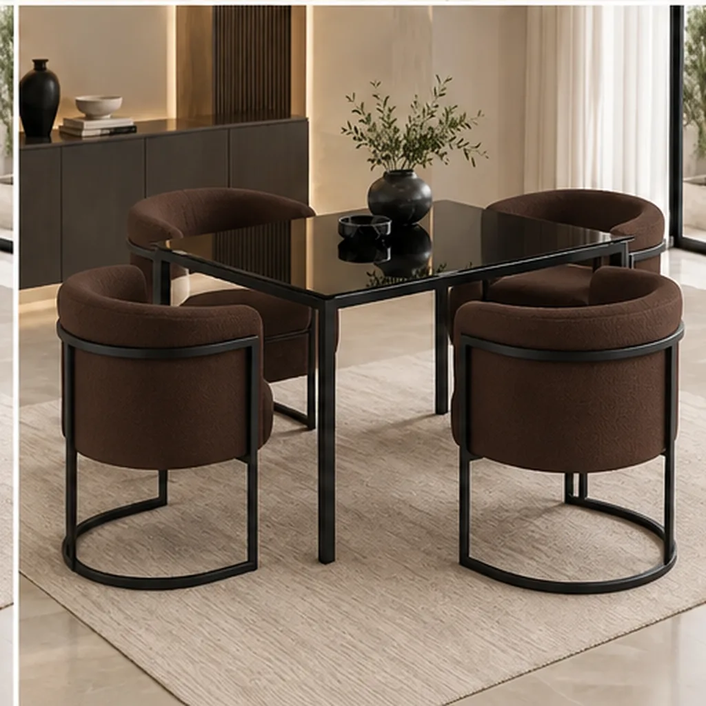 Lucky Furn 4 Seater Dining Set – Black Glass Table & Cream Bouclé Chairs