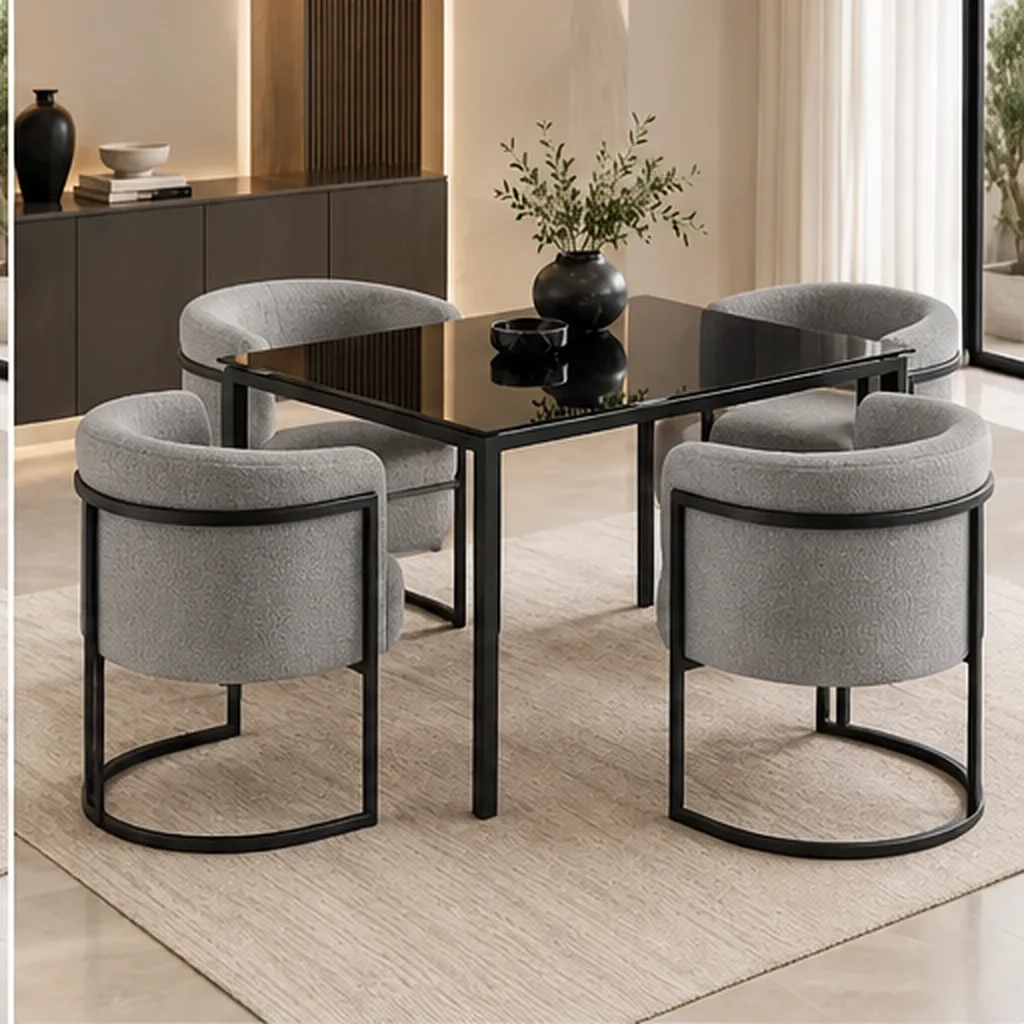 Lucky Furn 4 Seater Dining Set – Black Glass Table & Cream Bouclé Chairs