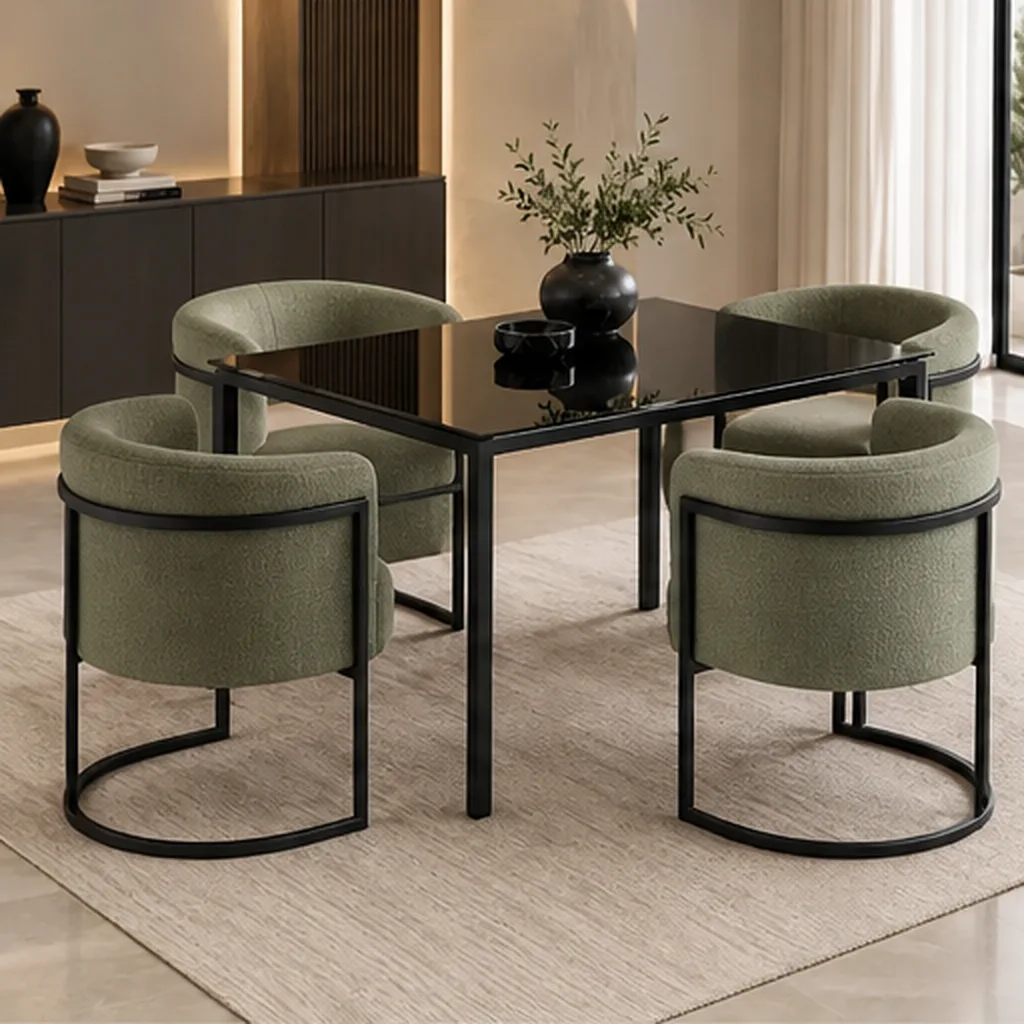 Lucky Furn 4 Seater Dining Set – Black Glass Table & Cream Bouclé Chairs