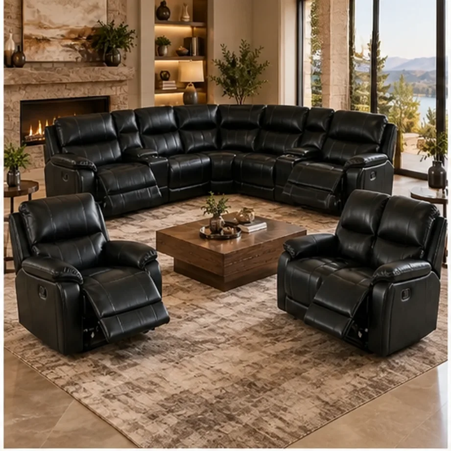 Monaco Luxury Recliner Lounge Suite – Corner Sofa, 2 Seater & Single Recliner – Dark Brown