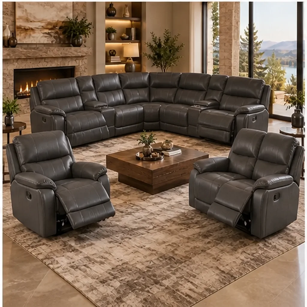 Monaco Luxury Recliner Lounge Suite – Corner Sofa, 2 Seater & Single Recliner – Dark Brown