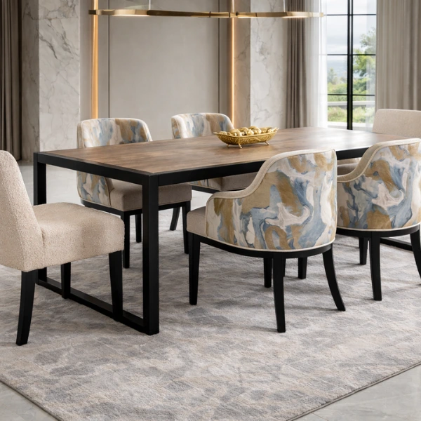 Lucky Furn 6-Seater Dining Set - Wood-Look Table with Patterned & Solid Chairs