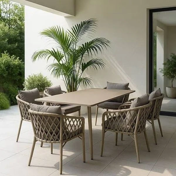 Luxury 6-Seater Outdoor Patio Dining Set featuring a stylish ceramic table and elegant seating in a modern outdoor setting.