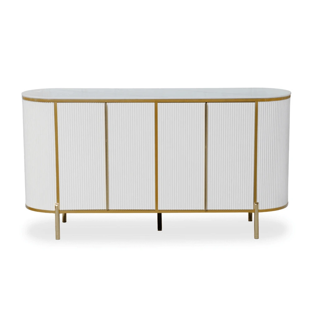 Modern Luxury Sideboard Table with marble-effect top and gold accents, featuring fluted doors for stylish storage.