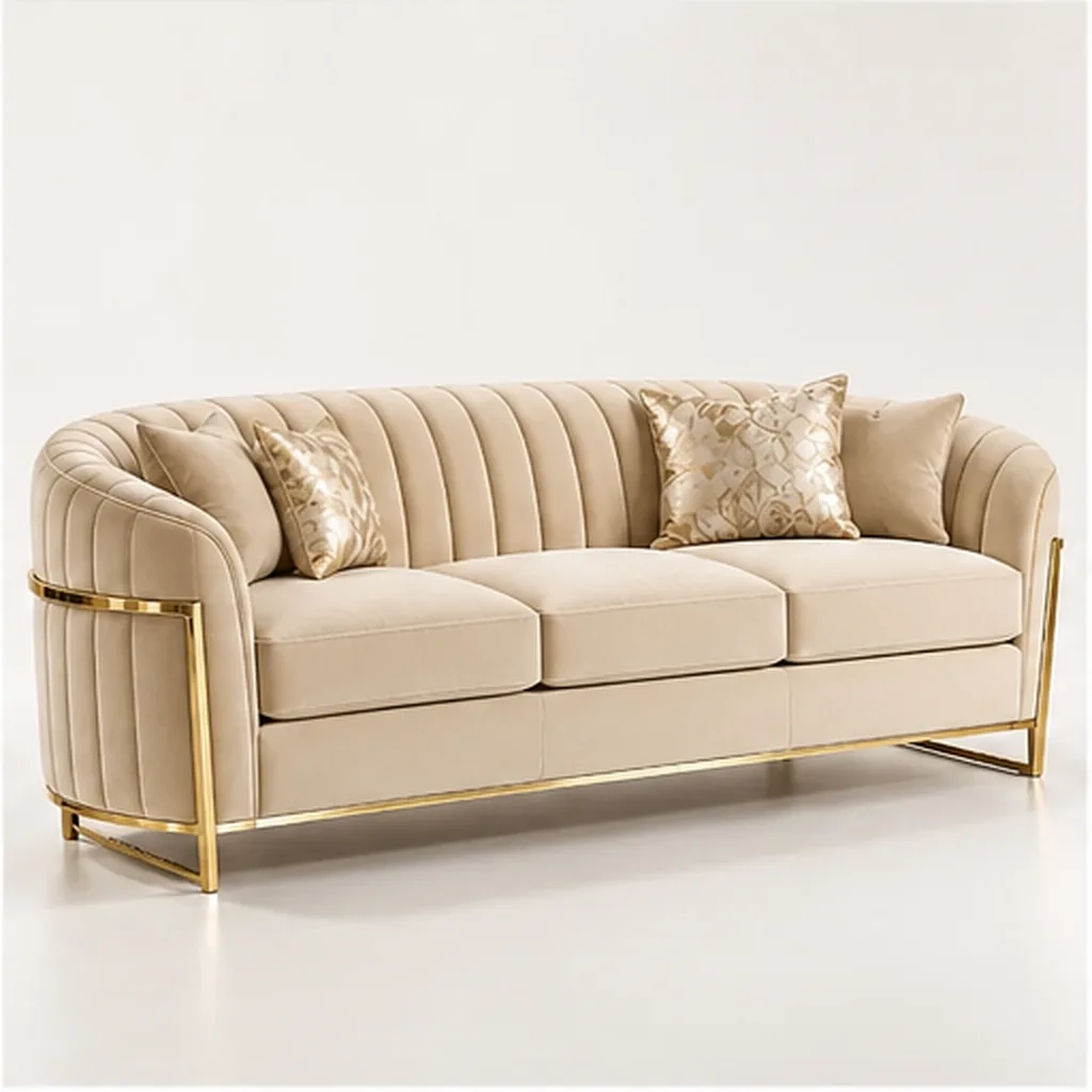Valencia Curve 3 Seater Sofa – Taupe & Gold