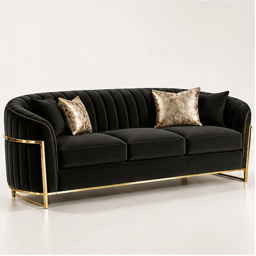 Valencia Curve 3 Seater Sofa – Taupe & Gold