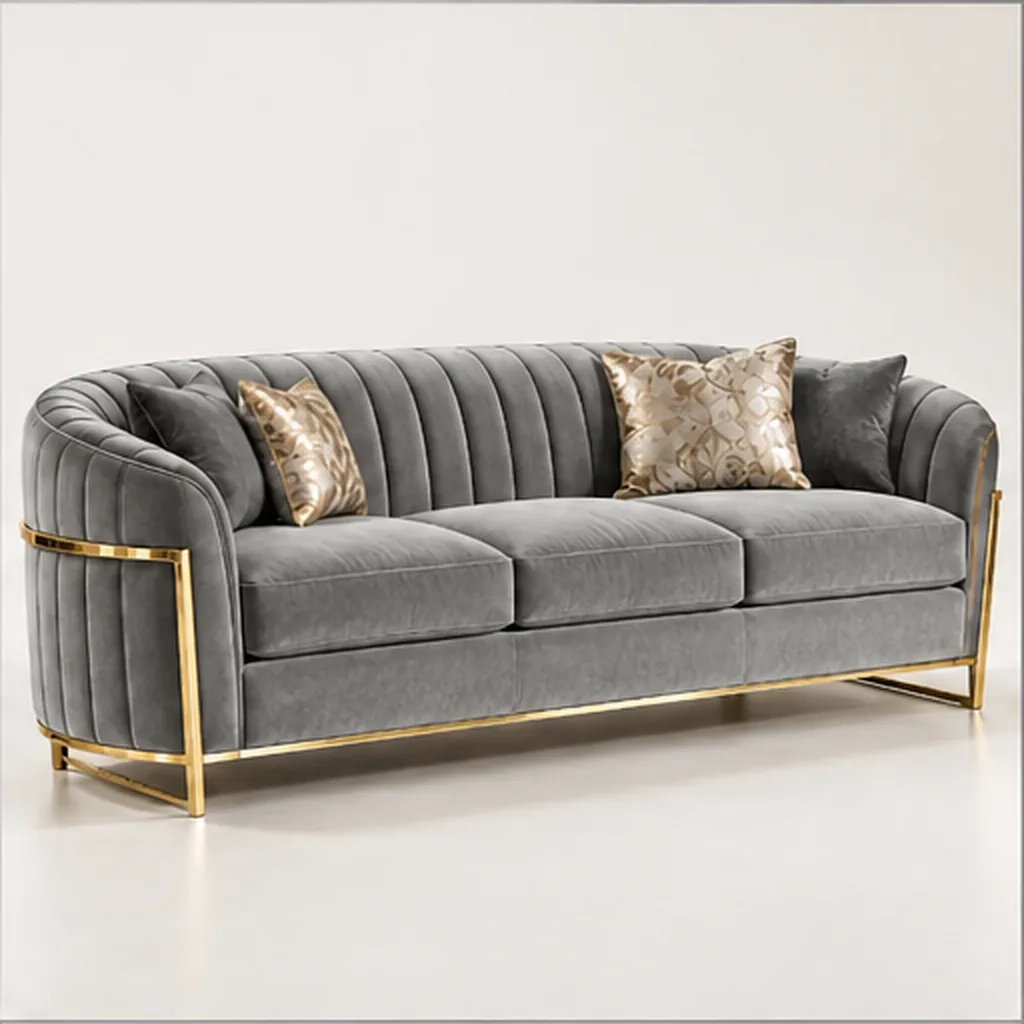 Valencia Curve 3 Seater Sofa – Taupe & Gold
