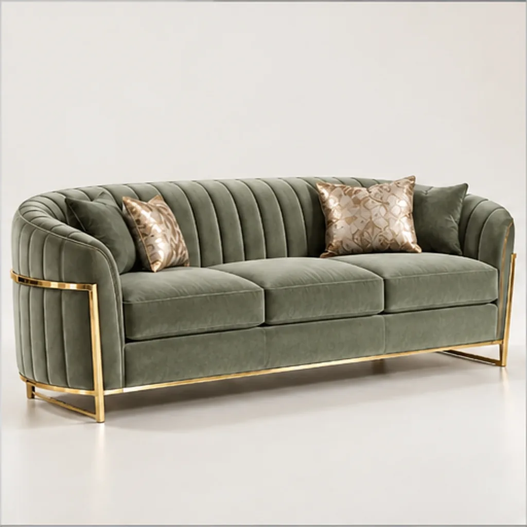 Valencia Curve 3 Seater Sofa – Taupe & Gold