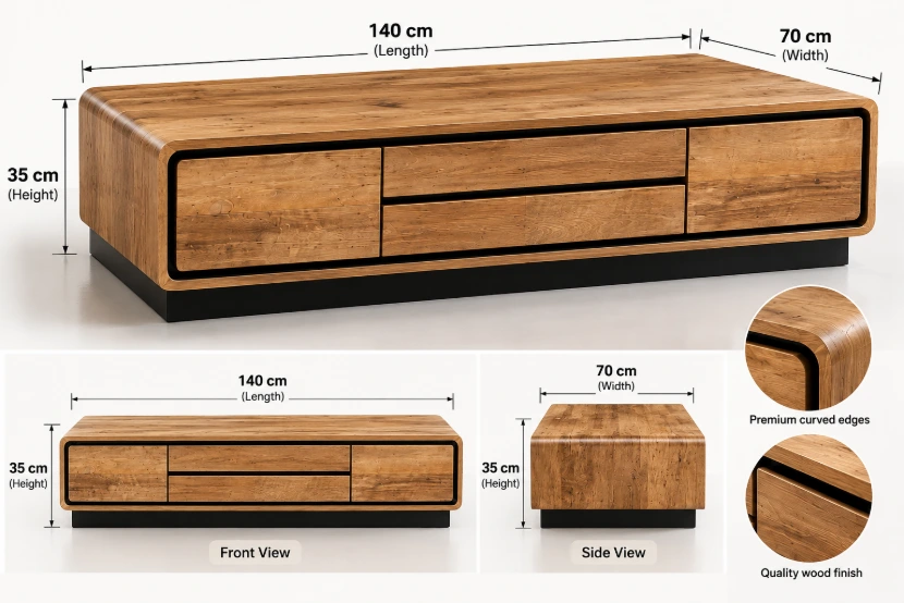 Cortiva Luxe Solid Oak Curved Coffee Table – Natural Oak & Black - Image 2