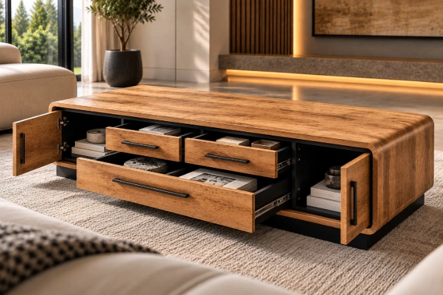 Cortiva Luxe Solid Oak Curved Coffee Table – Natural Oak & Black - Image 3