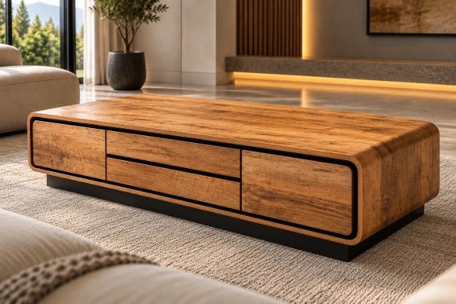 Cortiva Luxe Solid Oak Curved Coffee Table – Natural Oak & Black - Image 4