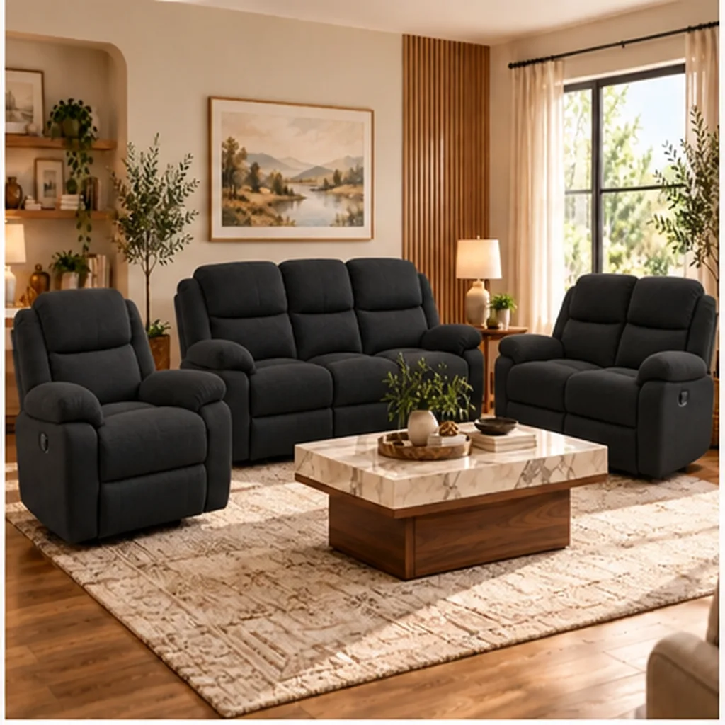 Milano Premium 3+2+1 Microfiber Fabric Recliner Lounge Suite - Black AI
