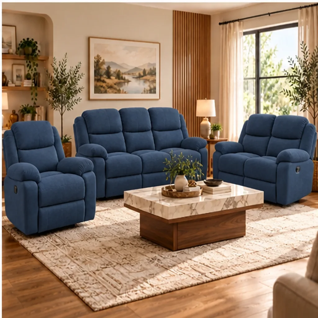 Milano Premium 3+2+1 Microfiber Fabric Recliner Lounge Suite - Blue AI