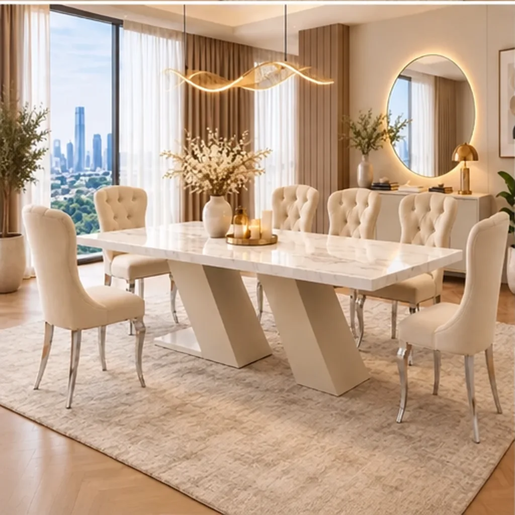 Prestige Marble Dining Table Set With 6 Seater Tufted Chairs