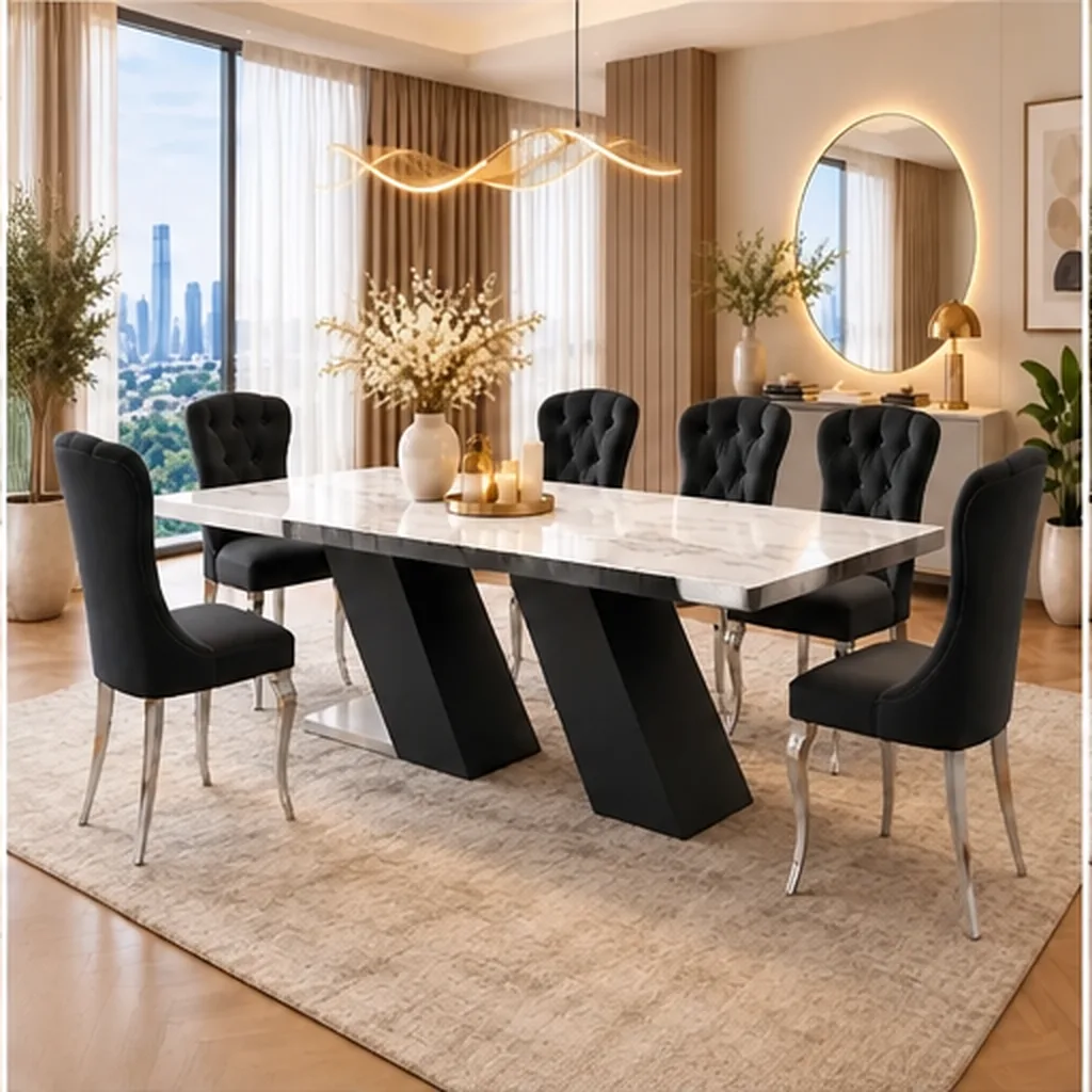 Prestige Marble Dining Table Set With 6 Seater Tufted Chairs