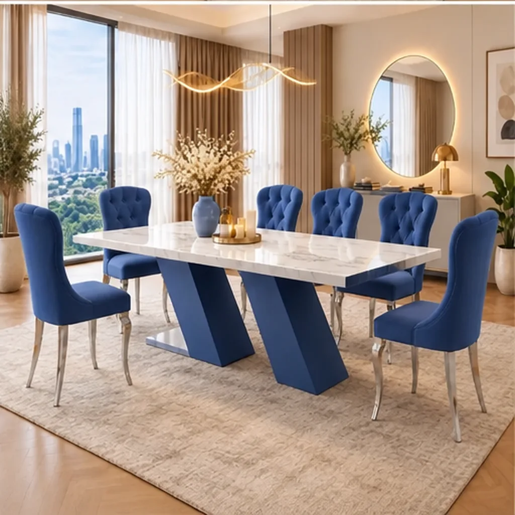Prestige Marble Dining Table Set With 6 Seater Tufted Chairs