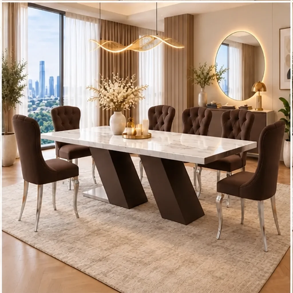 Prestige Marble Dining Table Set With 6 Seater Tufted Chairs