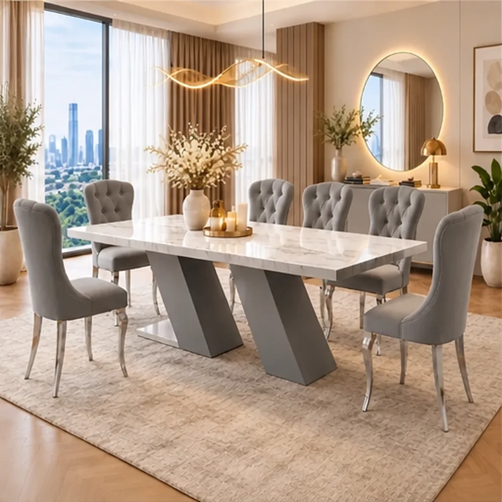 Prestige Marble Dining Table Set With 6 Seater Tufted Chairs