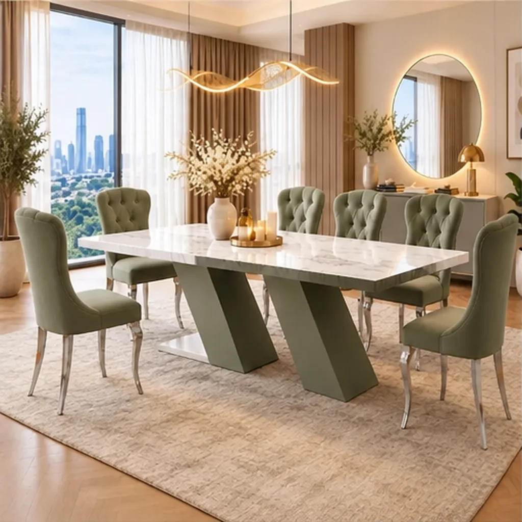 Prestige Marble Dining Table Set With 6 Seater Tufted Chairs